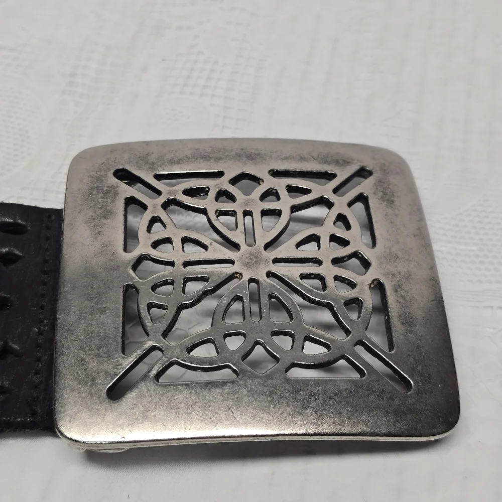 Vintage Dark Brown Leather Belt with Silver Filigree Buckle